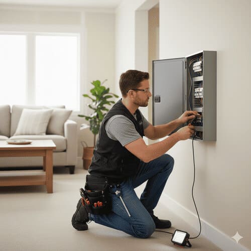 Técnico electricista trabajando en una instalación eléctrica