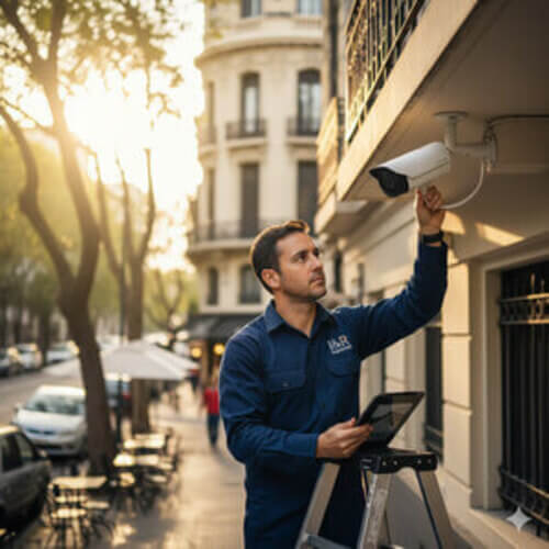 Técnico trabajando en una instalación de cámara de seguridad