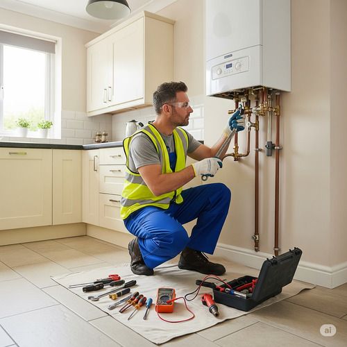 Gasista matriculado trabajando en una instalación de gas con herramientas y medidas de seguridad