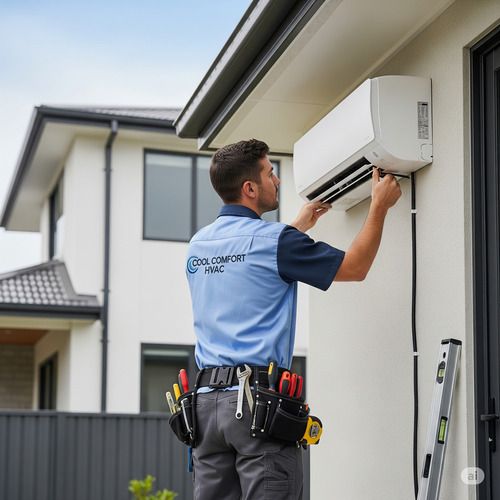 Técnico de refrigeración instalando un aire acondicionado en una casa, con herramientas y enfoque en el trabajo