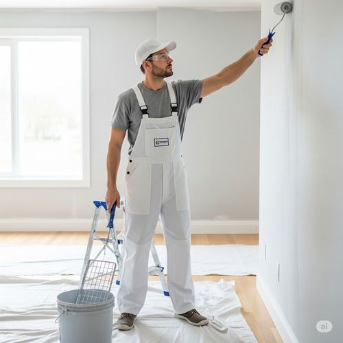 Pintor profesional aplicando pintura con rodillo en una pared, con equipo de protección y área de trabajo limpia